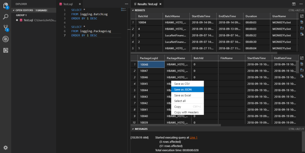 VSCode - SQL Server mssql extension execute query