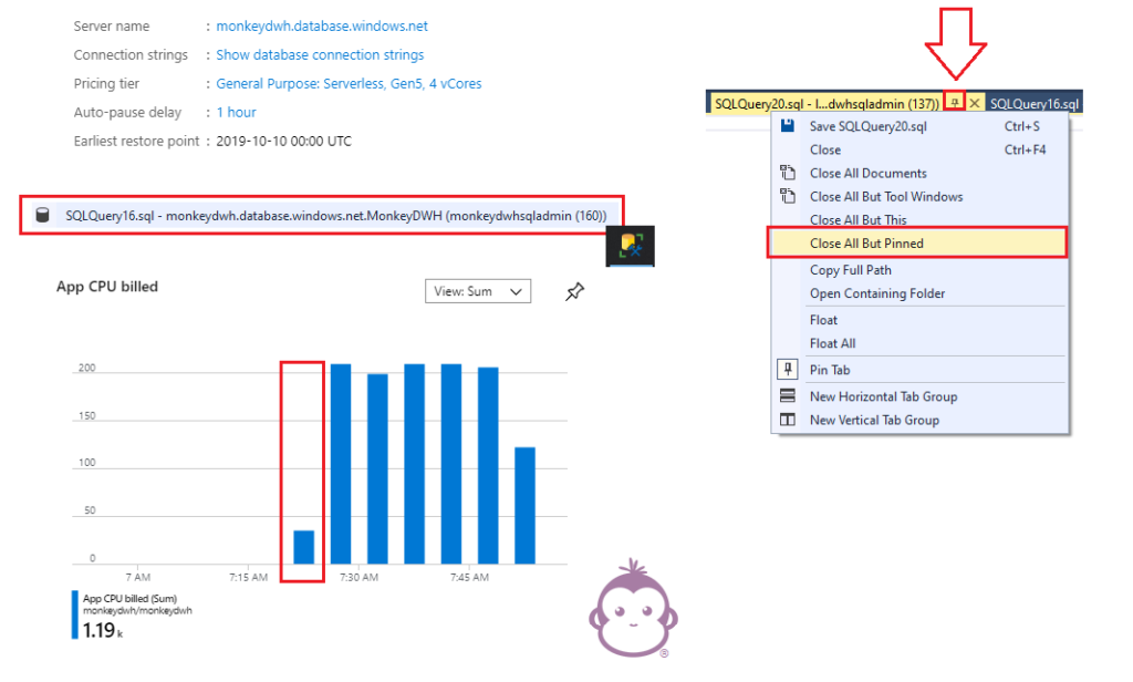 Azure SQL database serverless with SSMS pinned query sessions